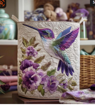 Aldith — Purple Hummingbird and Violets Quilted Laundry Basket