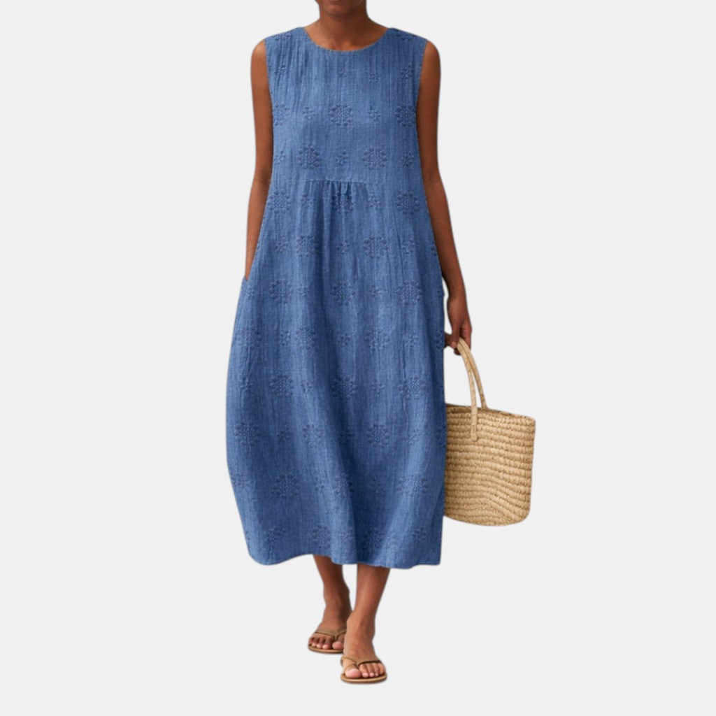 Alecia — Denim-Blue Pleated Sleeveless Midi Dress