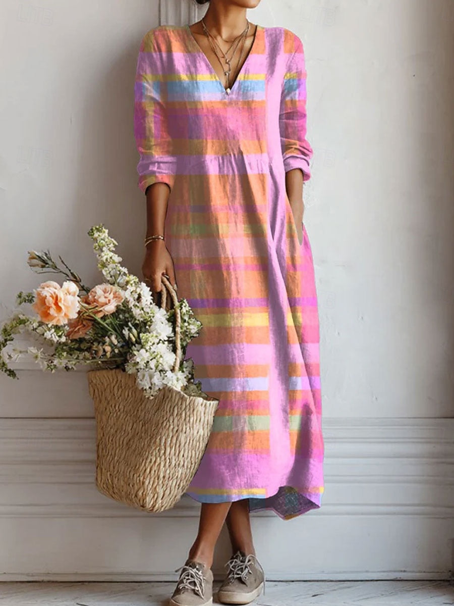Breena — Pastel Plaid V-Neck Boho Maxi Dress