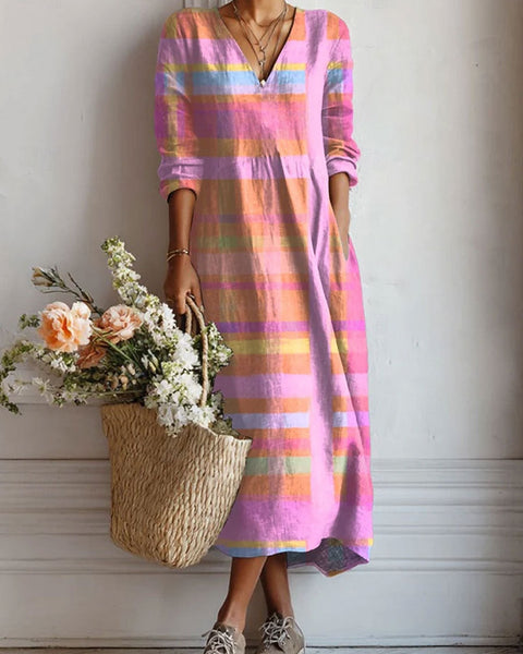 Breena — Pastel Plaid V-Neck Boho Maxi Dress
