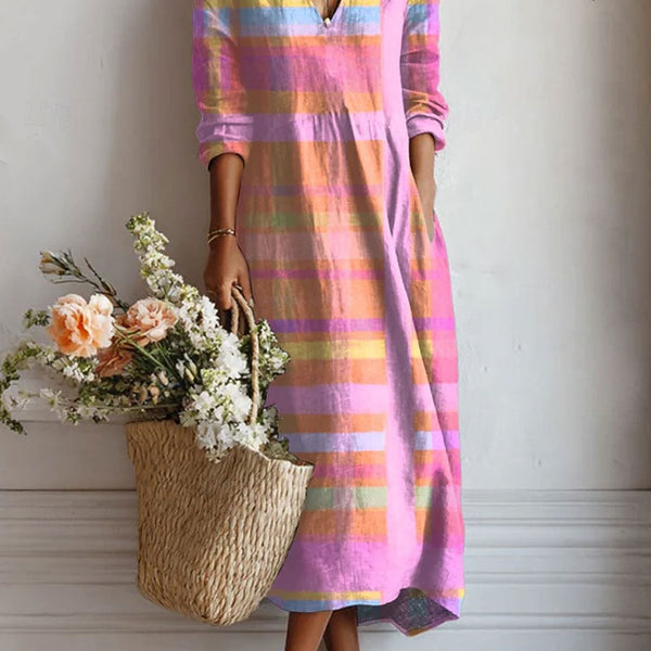 Breena — Pastel Plaid V-Neck Boho Maxi Dress