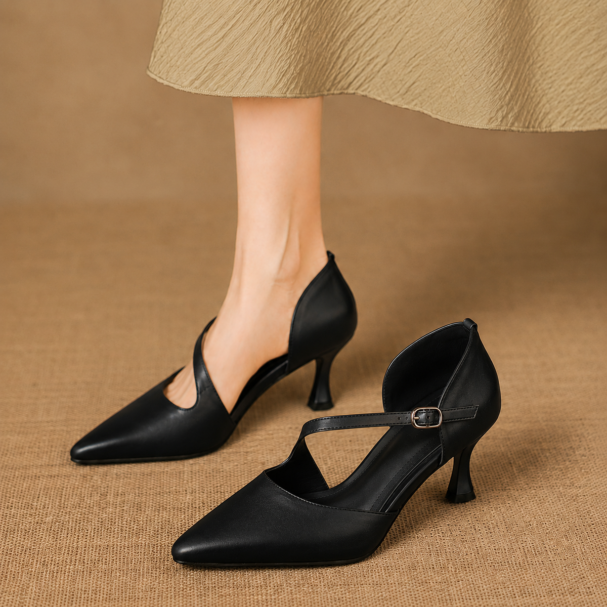 Avena — Genuine Leather Crossover Strap Heels in Black