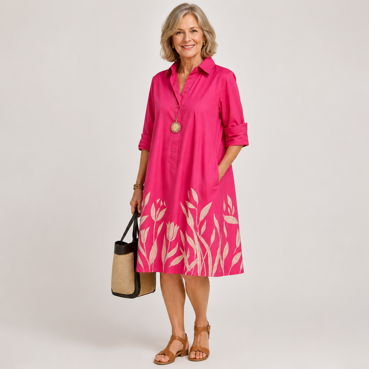 Avelina — Roll-Sleeve Shirt Midi Dress with Printed Hem
