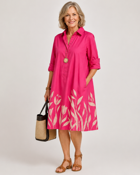 Avelina — Roll-Sleeve Shirt Midi Dress with Printed Hem