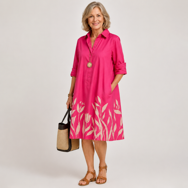 Avelina — Roll-Sleeve Shirt Midi Dress with Printed Hem