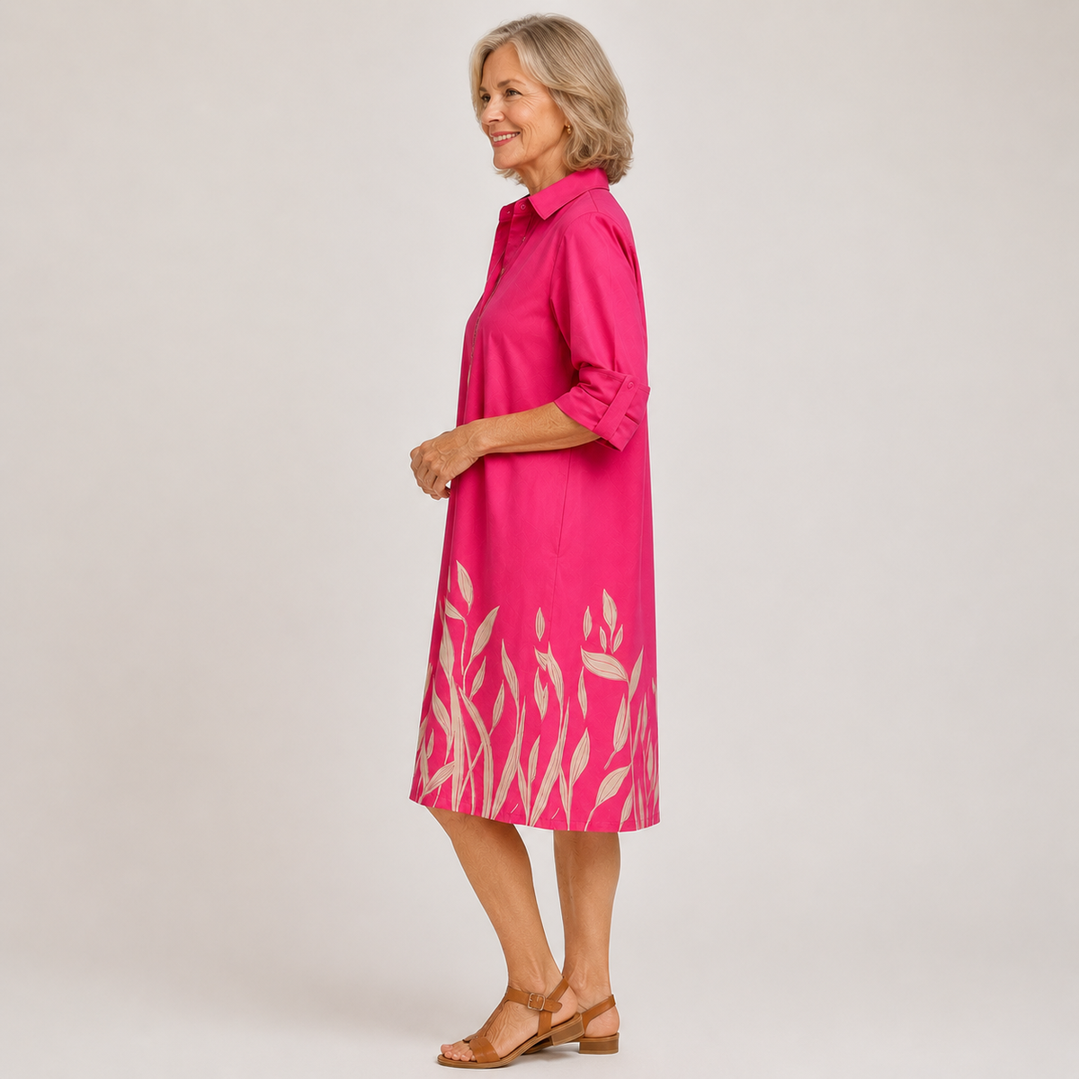Avelina — Roll-Sleeve Shirt Midi Dress with Printed Hem
