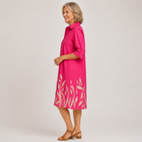 Avelina — Roll-Sleeve Shirt Midi Dress with Printed Hem