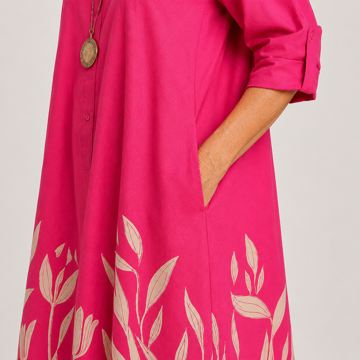 Avelina — Roll-Sleeve Shirt Midi Dress with Printed Hem