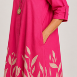 Avelina — Roll-Sleeve Shirt Midi Dress with Printed Hem