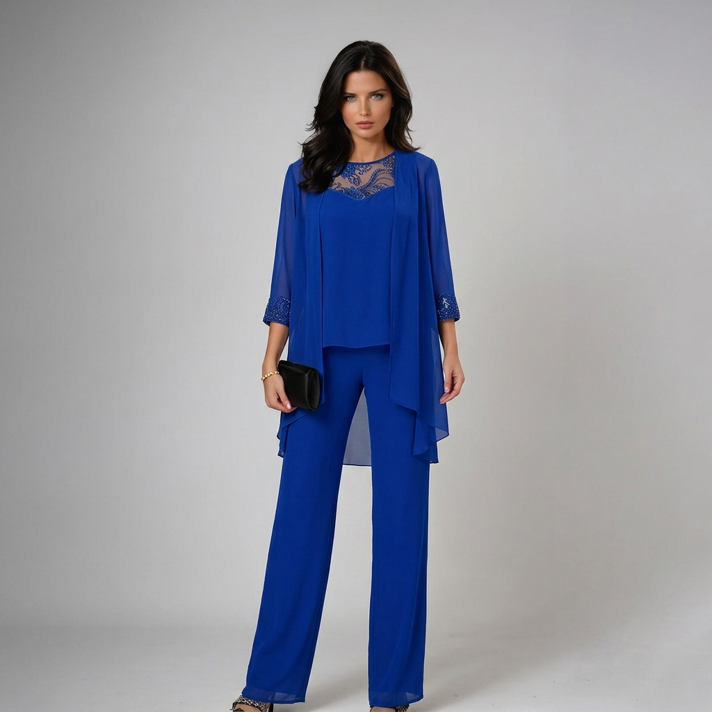 Iva Elegant Beaded Three-Piece Set - Blue