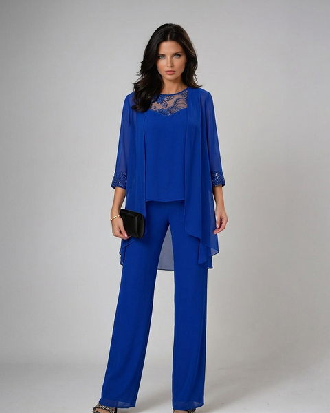 Iva Elegant Beaded Three-Piece Set - Blue