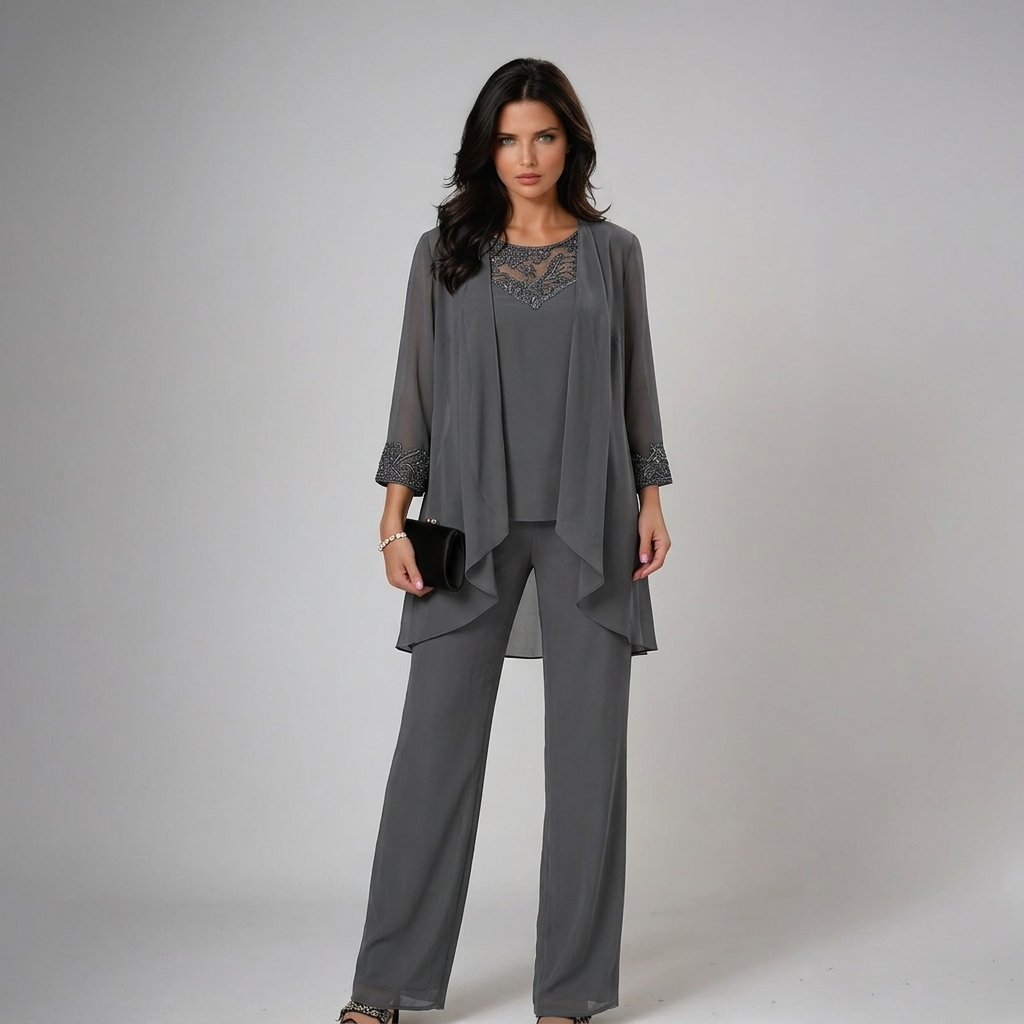 Iva Elegant Beaded Three-Piece Set - Gray