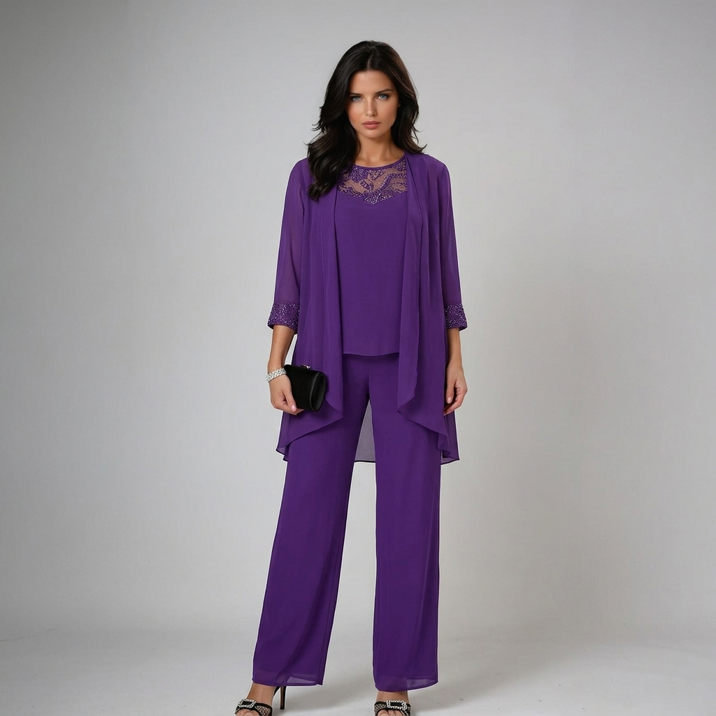 Iva Elegant Beaded Three-Piece Set - Purple