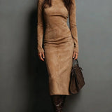 Lorena | Long Brown Midi Dress - Khaki