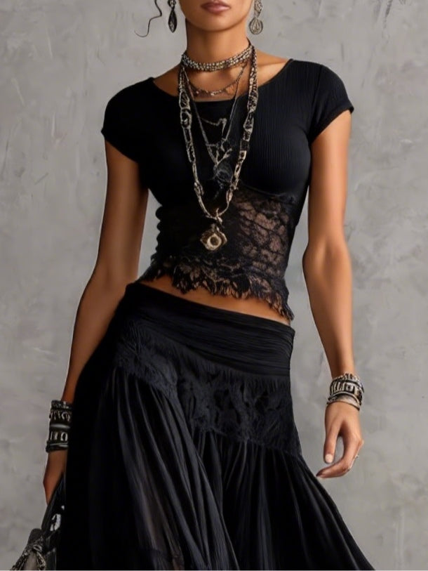 Casimira — Black Lace-Panel Top and Tiered Maxi Skirt Set