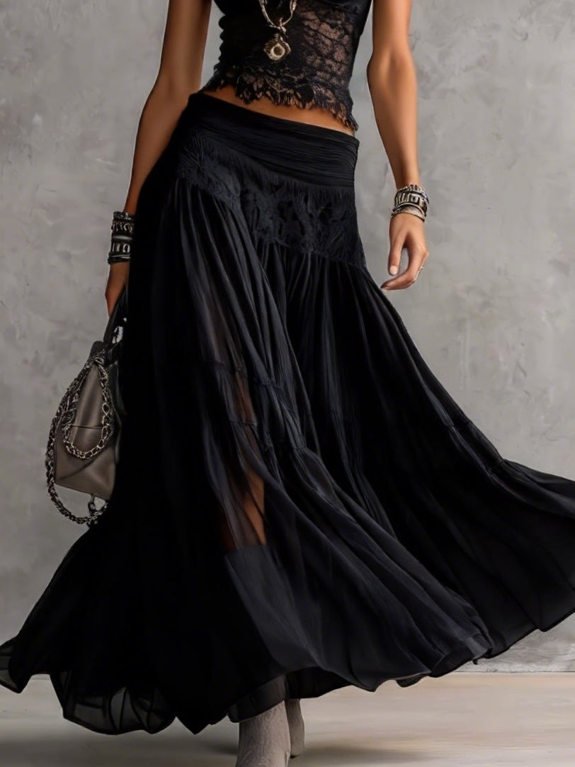 Casimira — Black Lace-Panel Top and Tiered Maxi Skirt Set