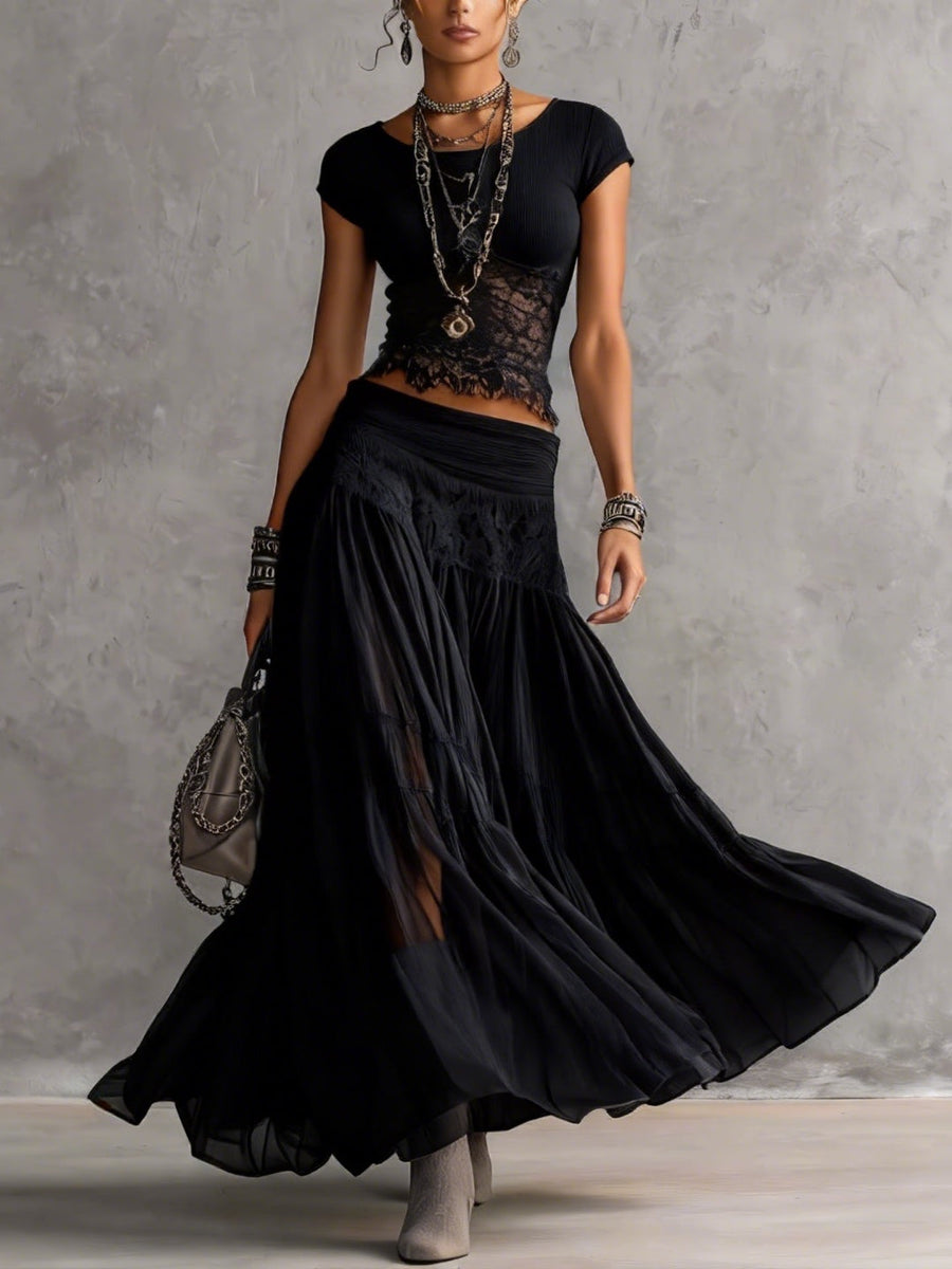 Casimira — Black Lace-Panel Top and Tiered Maxi Skirt Set