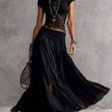 Casimira — Black Lace-Panel Top and Tiered Maxi Skirt Set