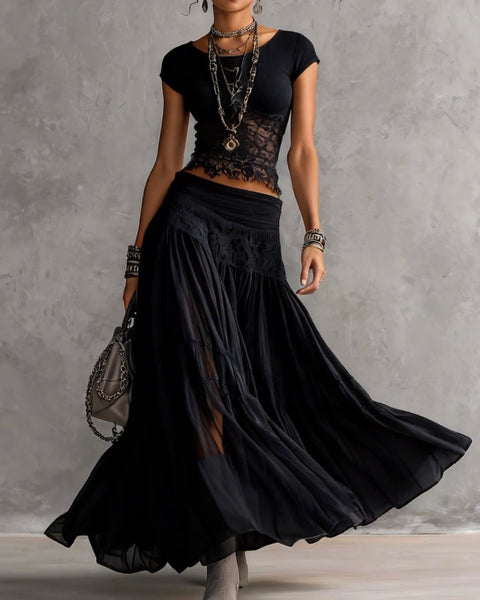 Casimira — Black Lace-Panel Top and Tiered Maxi Skirt Set