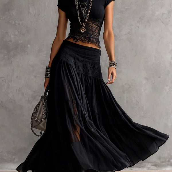 Casimira — Black Lace-Panel Top and Tiered Maxi Skirt Set