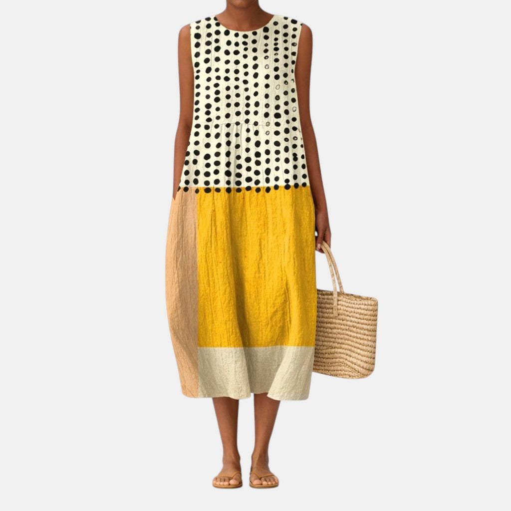 Alena — Polka-Dot Colour-Block Sleeveless Midi Dress