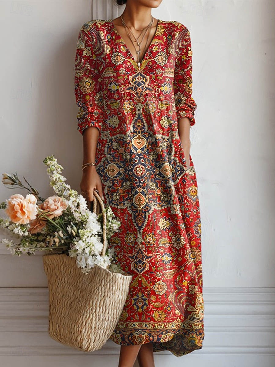 Bethia — Red Paisley V-Neck Boho Maxi Dress