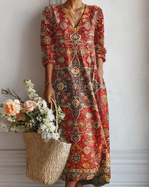 Bethia — Red Paisley V-Neck Boho Maxi Dress