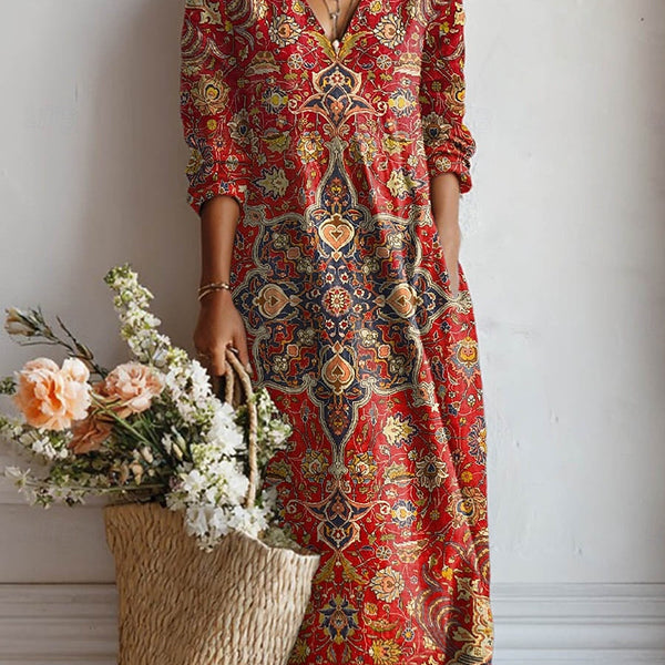 Bethia — Red Paisley V-Neck Boho Maxi Dress