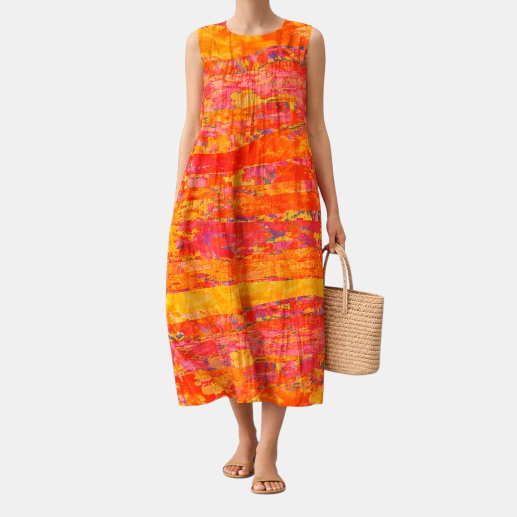 Audra — Sunset Orange Striped Sleeveless Midi Dress