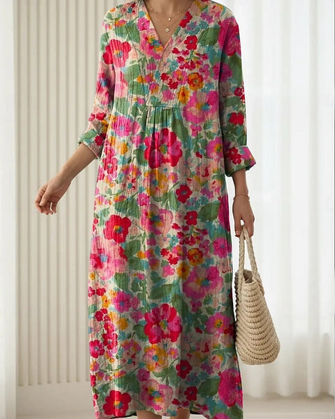 Carina — Pink Rose Garden V-Neck Boho Maxi Dress