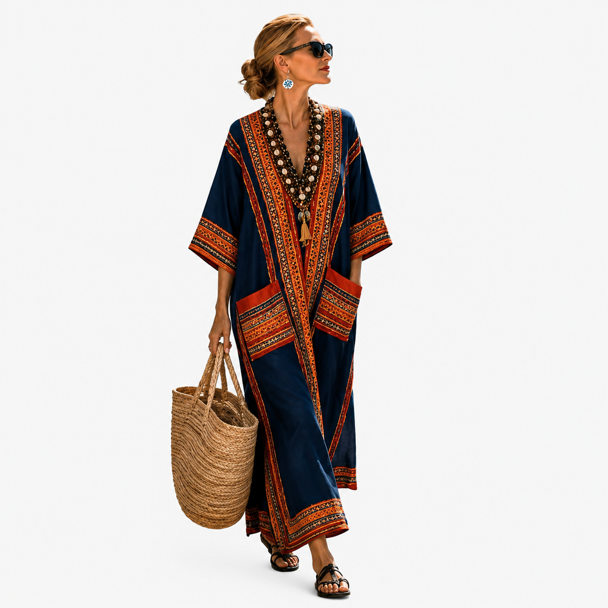 Amaranthe — Navy and Rust Panel V-Neck Caftan
