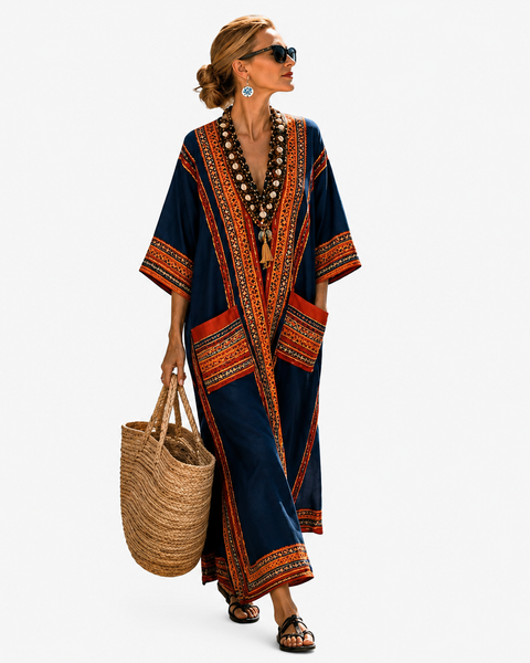 Amaranthe — Navy and Rust Panel V-Neck Caftan