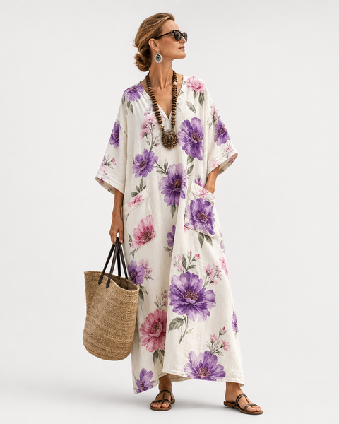 Eliane — White Violet-Bloom Print V-Neck Caftan