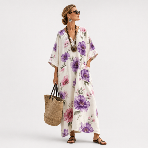 Eliane — White Violet-Bloom Print V-Neck Caftan