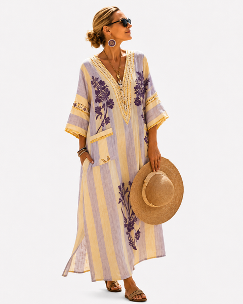 Corisande — Lilac Striped Purple-Bloom V-Neck Caftan