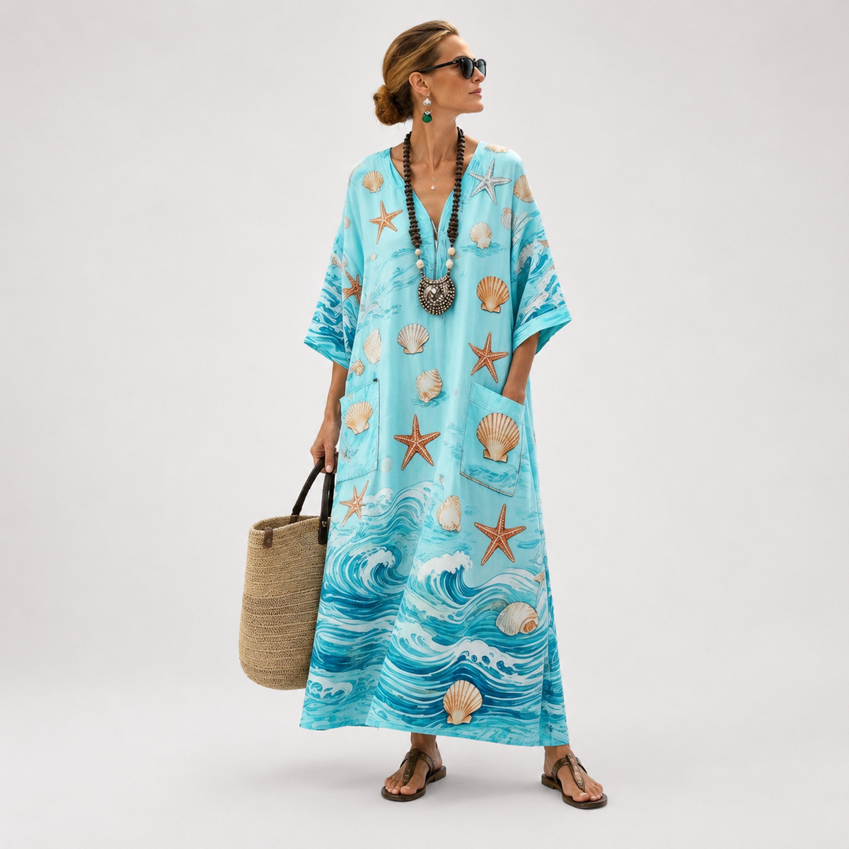 Fedelma — Turquoise Seashell-Print V-Neck Caftan