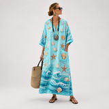Fedelma — Turquoise Seashell-Print V-Neck Caftan