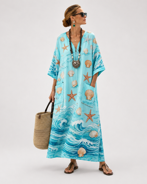 Fedelma — Turquoise Seashell-Print V-Neck Caftan