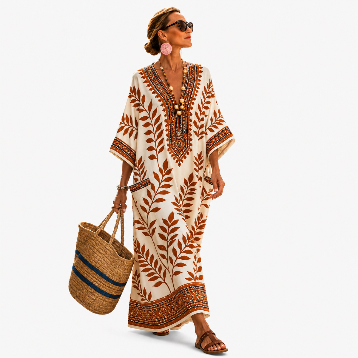 Cerelia — Cream Rust-Foliage Print V-Neck Caftan