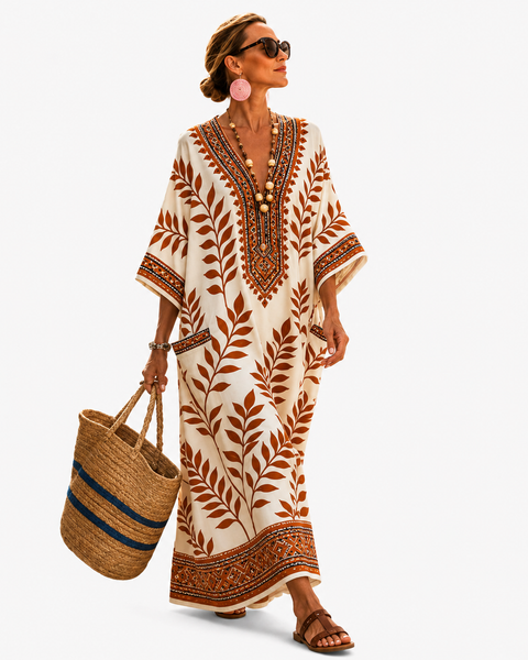 Cerelia — Cream Rust-Foliage Print V-Neck Caftan
