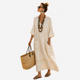 Eirene — Cream Pinstripe V-Neck Caftan