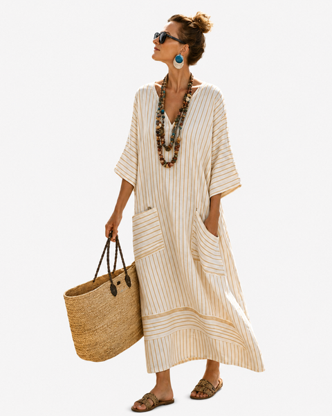 Eirene — Cream Pinstripe V-Neck Caftan