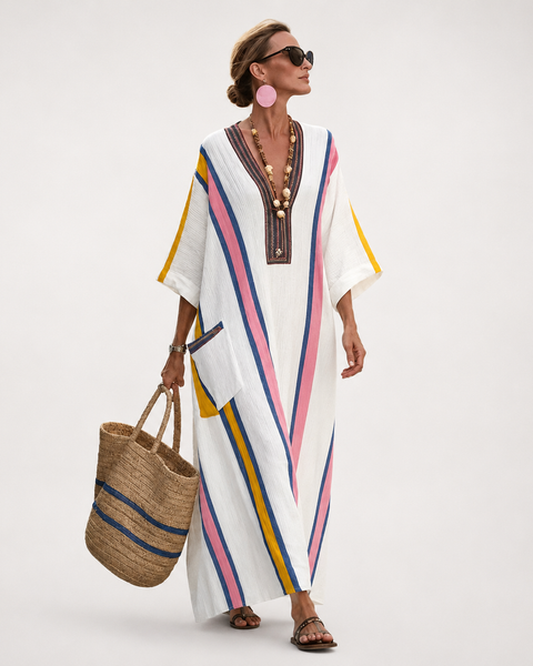 Briseis — Rainbow-Stripe White V-Neck Caftan