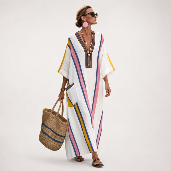 Briseis — Rainbow-Stripe White V-Neck Caftan