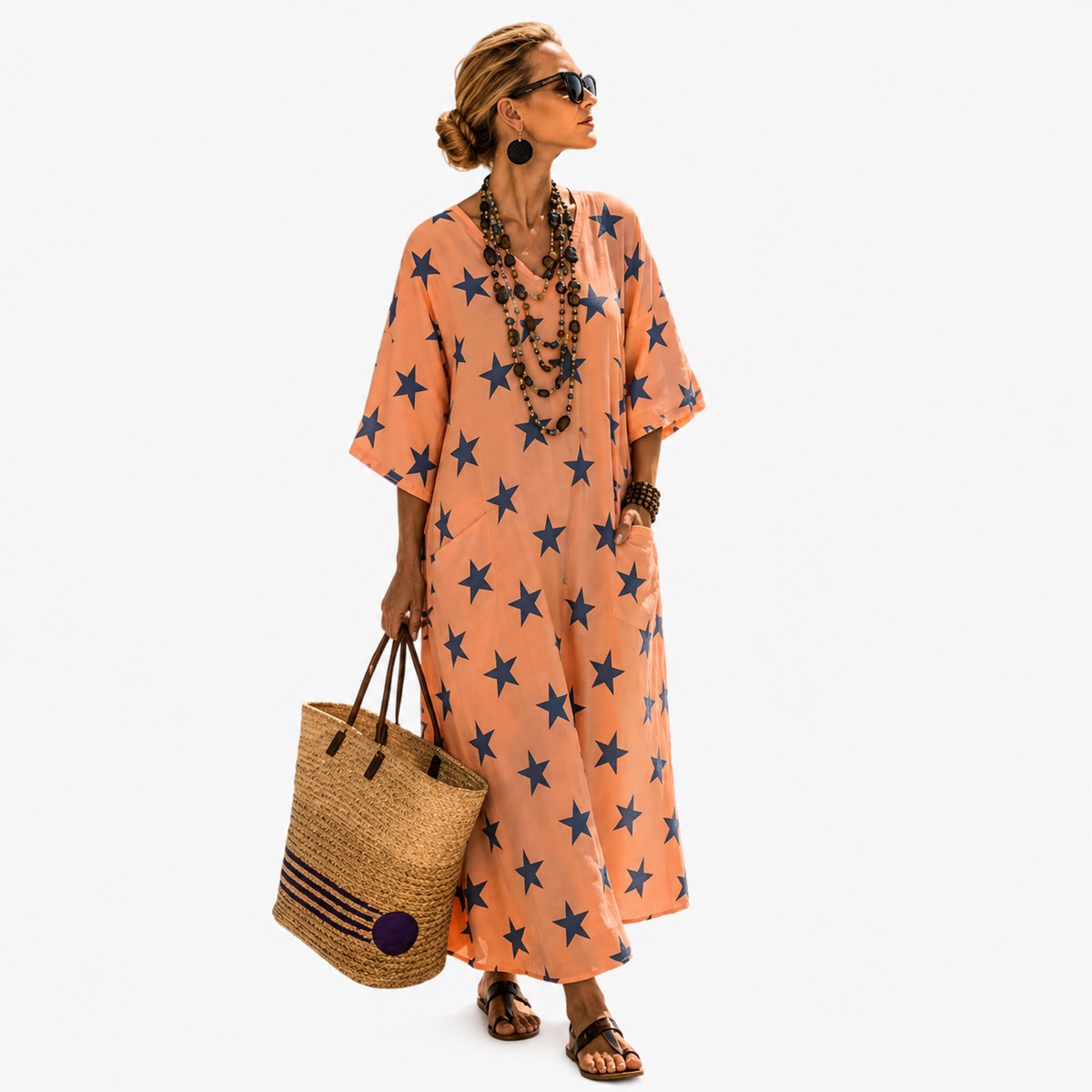 Halcyone — Coral Star-Print V-Neck Caftan