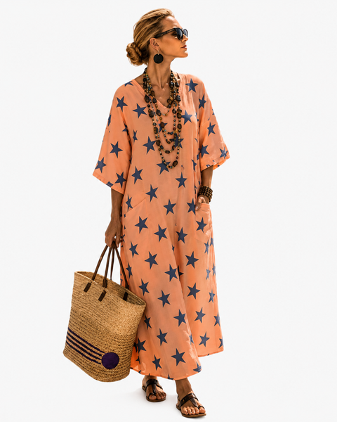 Halcyone — Coral Star-Print V-Neck Caftan