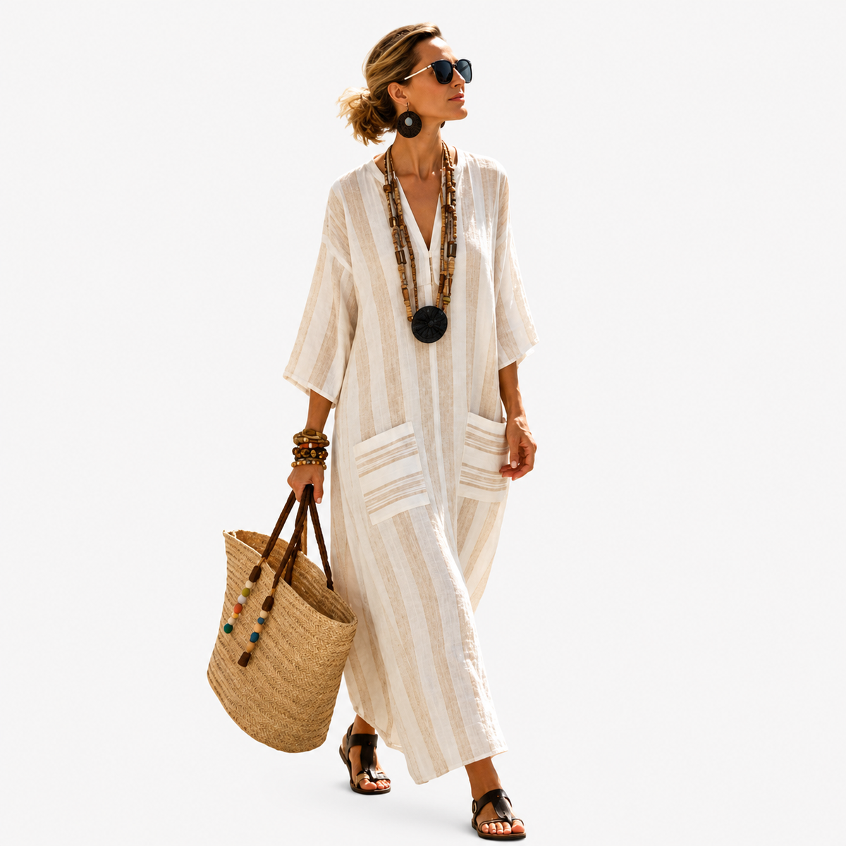 Berengaria — Cream Tonal-Stripe V-Neck Caftan