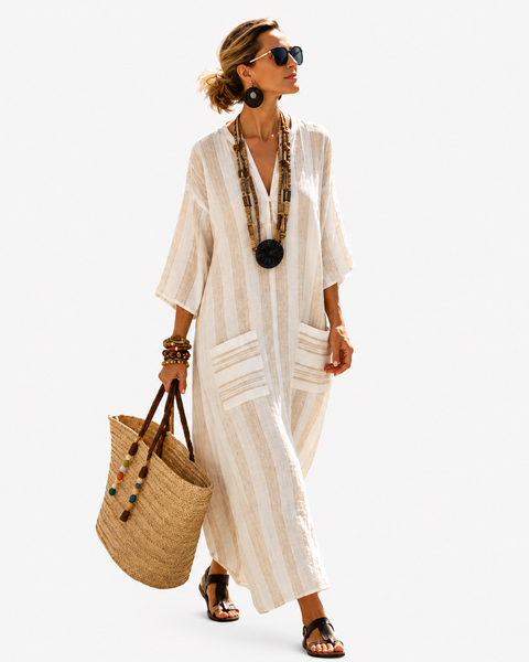 Berengaria — Cream Tonal-Stripe V-Neck Caftan