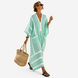 Candace — Mint and White Striped V-Neck Caftan