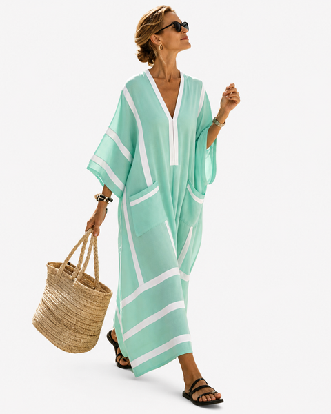 Candace — Mint and White Striped V-Neck Caftan